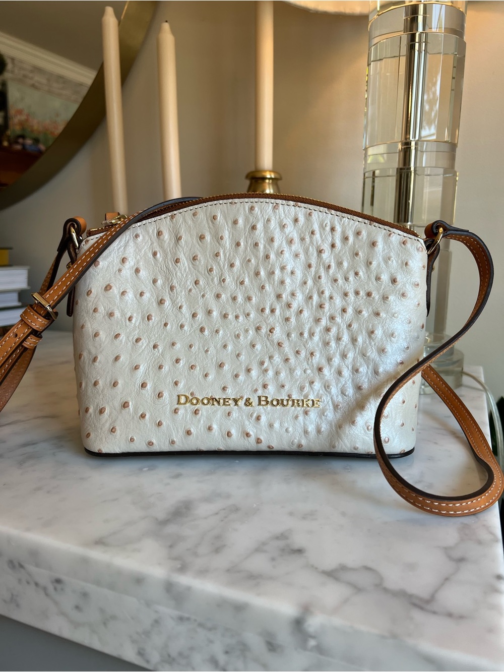 Dooney & Bourke Ostrich White Crossbody with Tan Leather Strap